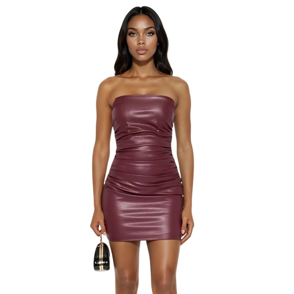 Fashion Nova Mini Dress Womens Medium Burgundy Bad Habit Faux Leather Strapless
